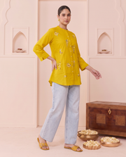 Yellow Cotton Floral Embroidery Short Kurti