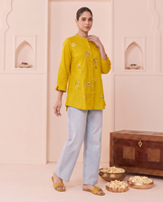 Yellow Cotton Floral Embroidery Short Kurti