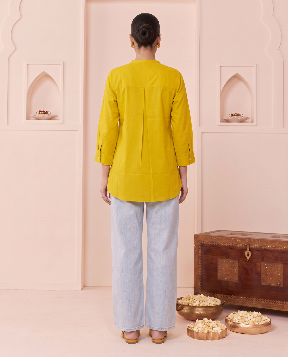 Yellow Cotton Floral Embroidery Short Kurti