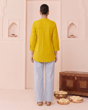 Yellow Cotton Floral Embroidery Short Kurti