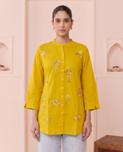 Yellow Cotton Floral Embroidery Short Kurti