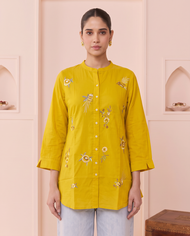 Yellow Cotton Floral Embroidery Short Kurti