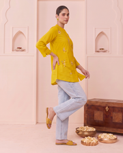 Yellow Cotton Floral Embroidery Short Kurti