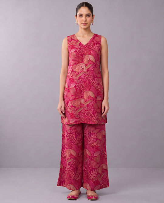 Pink Floral Printed V-Neck Kurta & Palazzo Set Co-ords Set