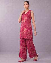 Pink Floral Printed V-Neck Kurta & Palazzo Set Co-ords Set