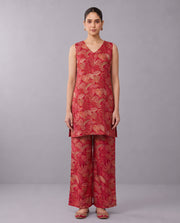 Red Floral Printed V-Neck Kurta & Palazzo Set Co-ords Set