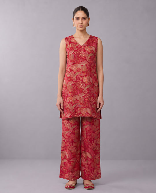 Red Floral Printed V-Neck Kurta & Palazzo Set Co-ords Set