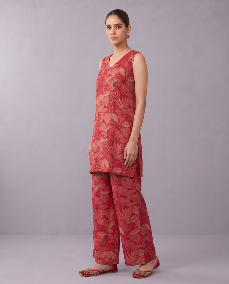 Red Floral Printed V-Neck Kurta & Palazzo Set Co-ords Set