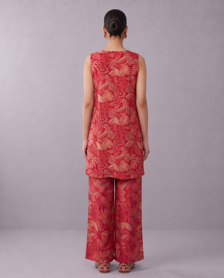 Red Floral Printed V-Neck Kurta & Palazzo Set Co-ords Set