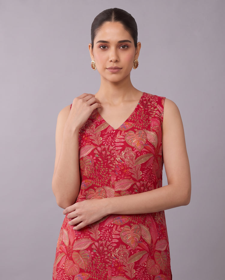 Red Floral Printed V-Neck Kurta & Palazzo Set Co-ords Set