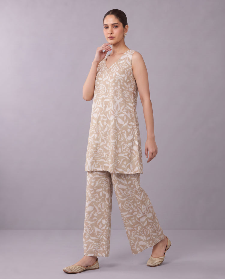 Beige Printed Kurta Pant Elegant Co-ord