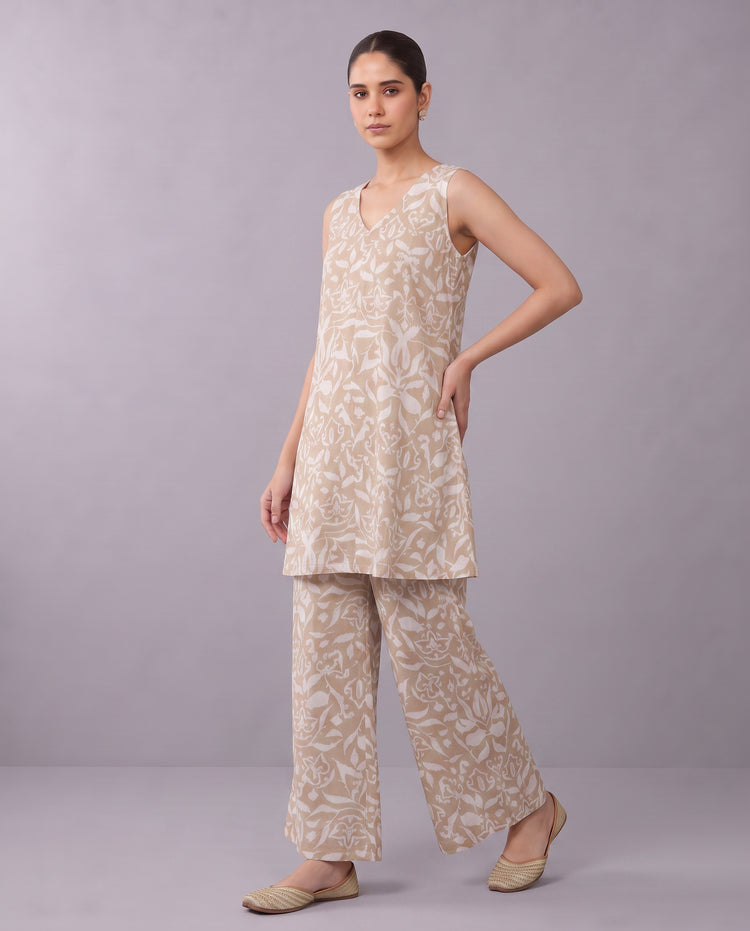 Beige Printed Kurta Pant Elegant Co-ord