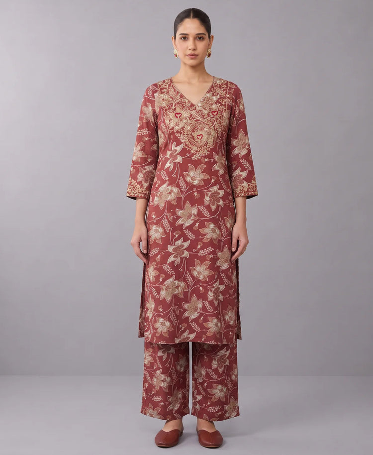 Deep Rose Pink Floral Embroidery Co-ords Set