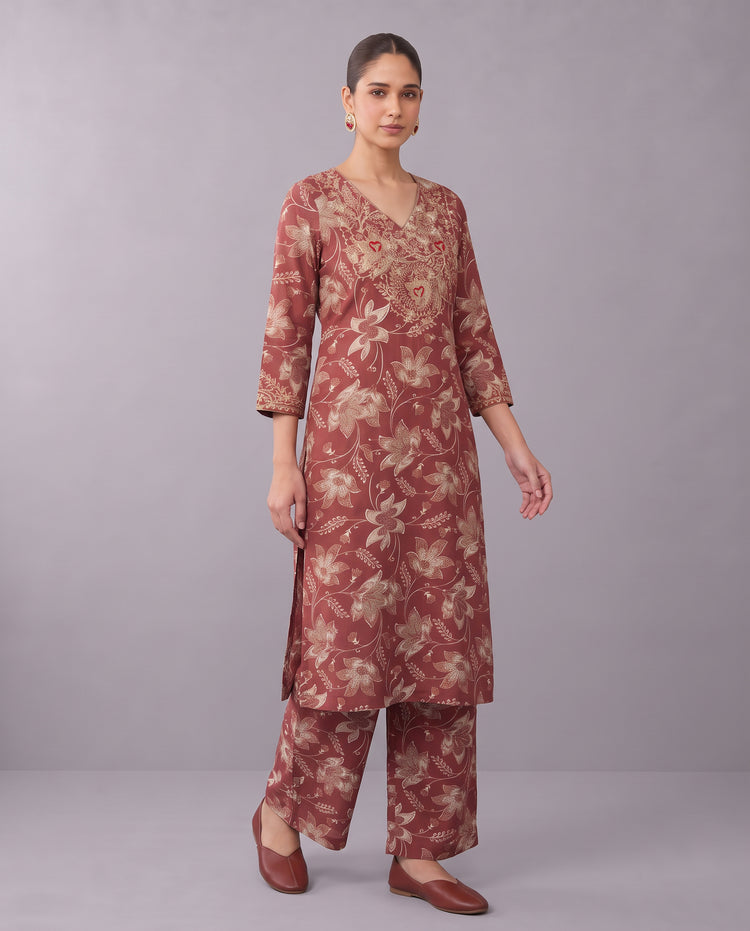 Deep Rose Pink Floral Embroidery Co-ords Set