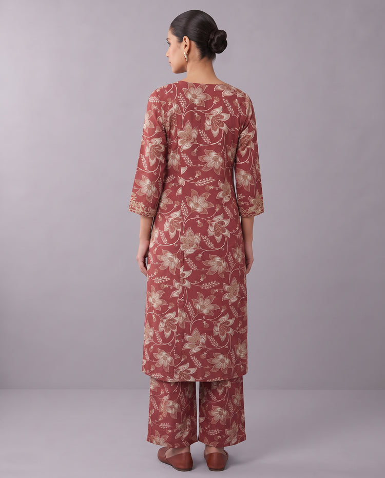 Deep Rose Pink Floral Embroidery Co-ords Set