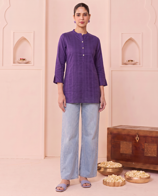 Purple Straight Cotton Short Kurti with Front Button