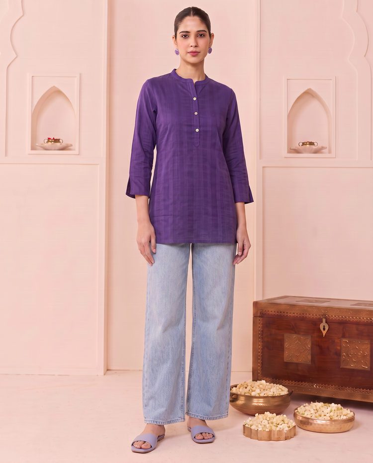 Purple Straight Cotton Short Kurti with Front Button