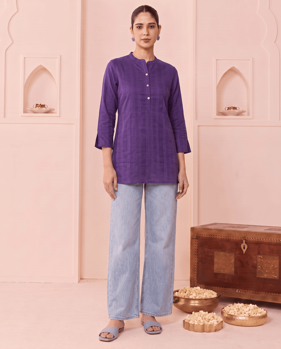 Purple Straight Cotton Short Kurti with Front Button