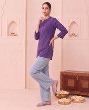 Purple Straight Cotton Short Kurti with Front Button