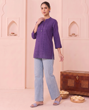 Purple Straight Cotton Short Kurti with Front Button