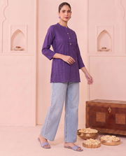Purple Straight Cotton Short Kurti with Front Button