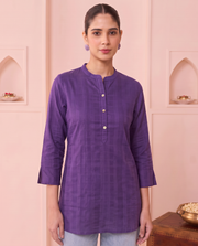 Purple Straight Cotton Short Kurti with Front Button