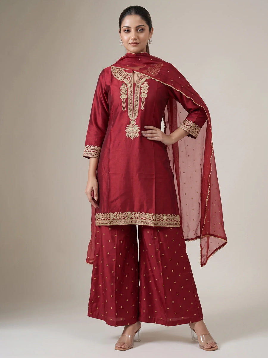 Maroon Embroidered Straight Ethnic Suit Set