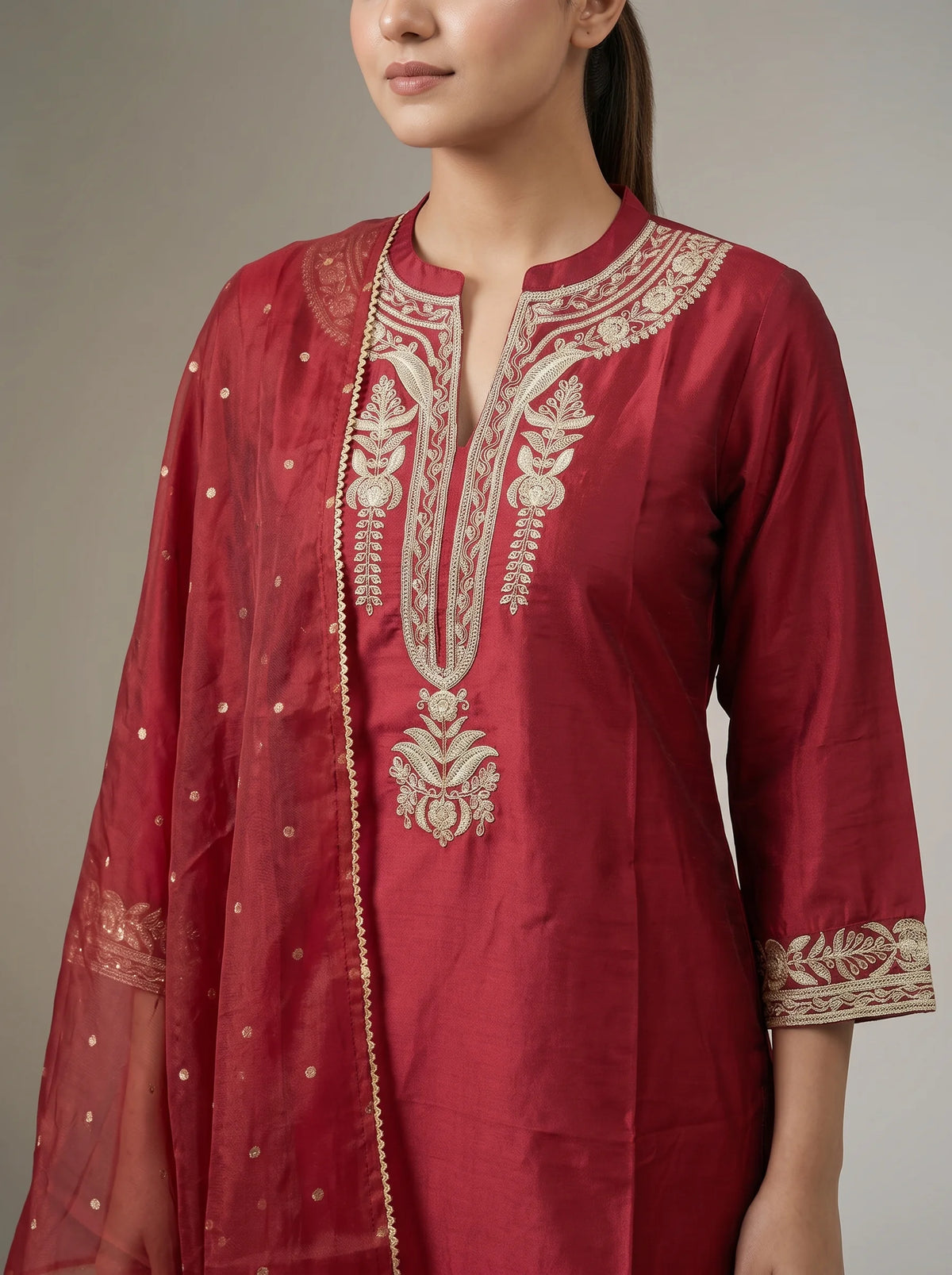Maroon Embroidered Straight Ethnic Suit Set