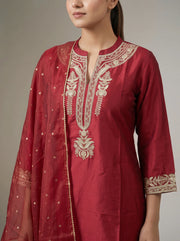 Maroon Embroidered Straight Ethnic Suit Set