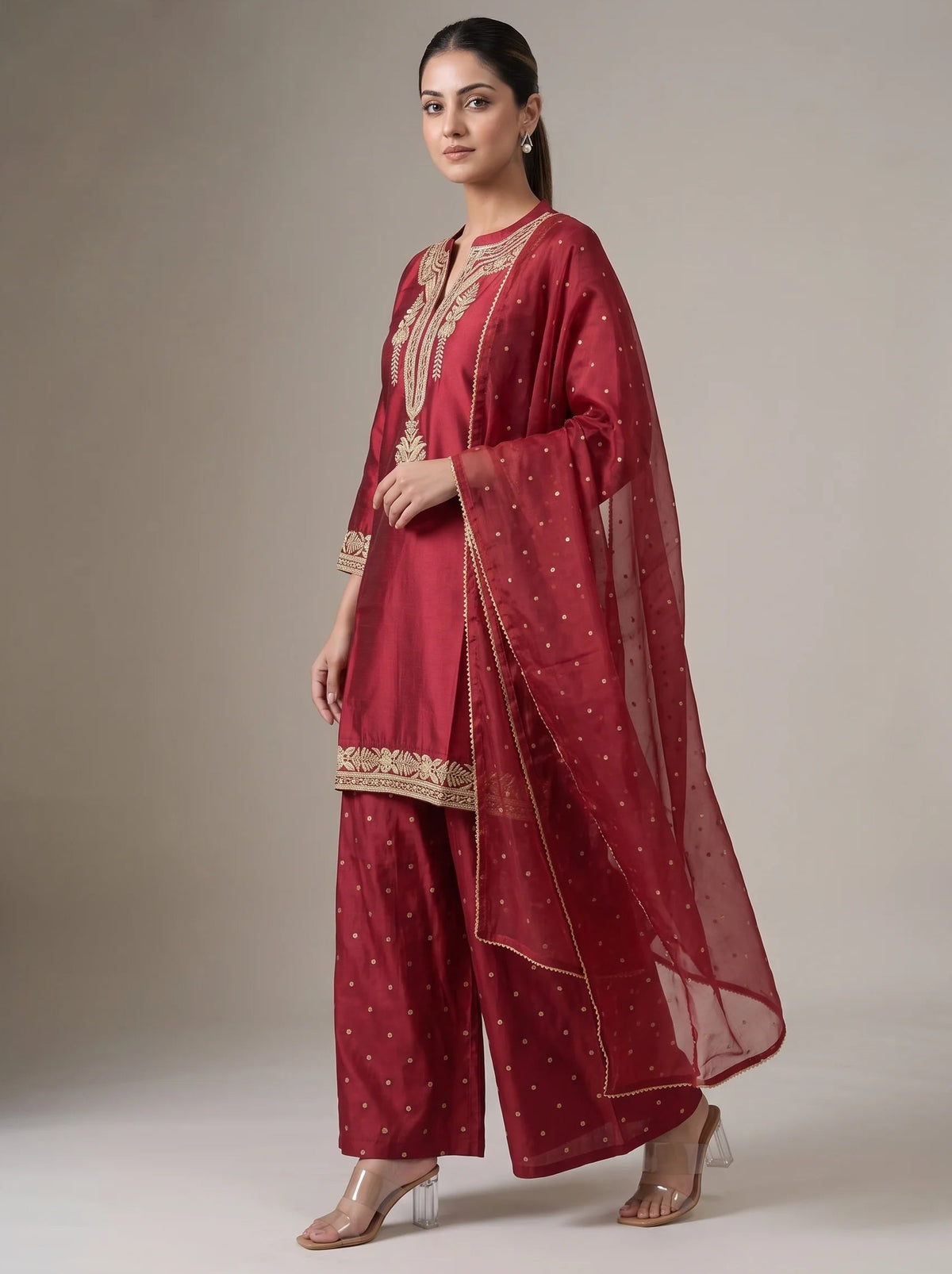 Maroon Embroidered Straight Ethnic Suit Set