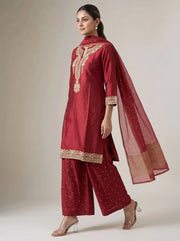 Maroon Embroidered Straight Ethnic Suit Set