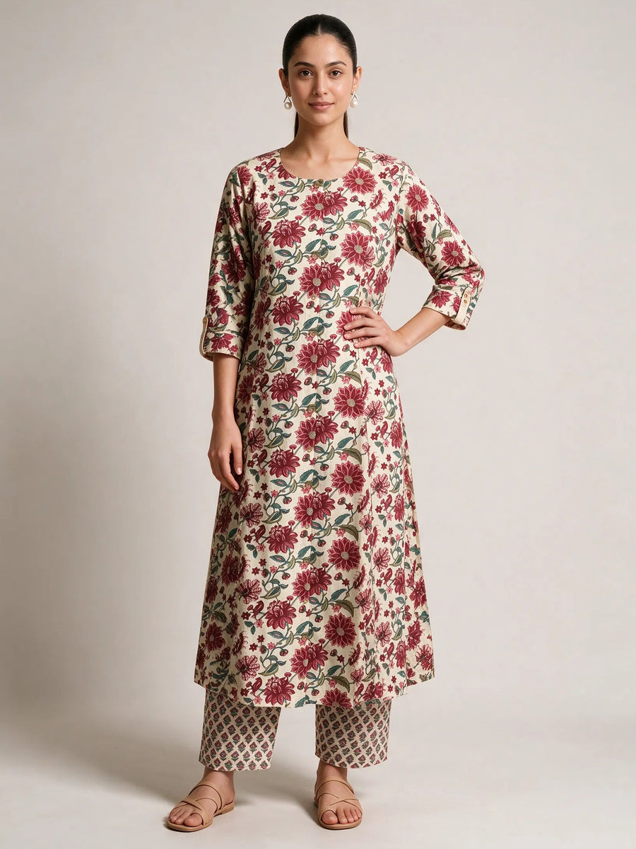 Off White & Pink Floral Printed Pure Cotton Co-ords