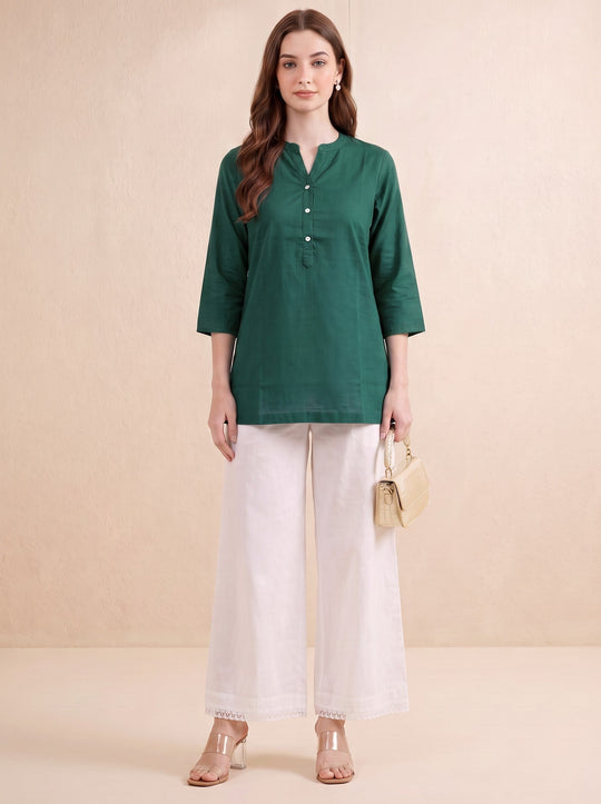 Bottle Green Solid Pure Cotton Tunic