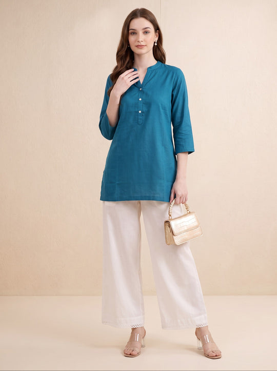 Teal Solid Pure Cotton Tunic