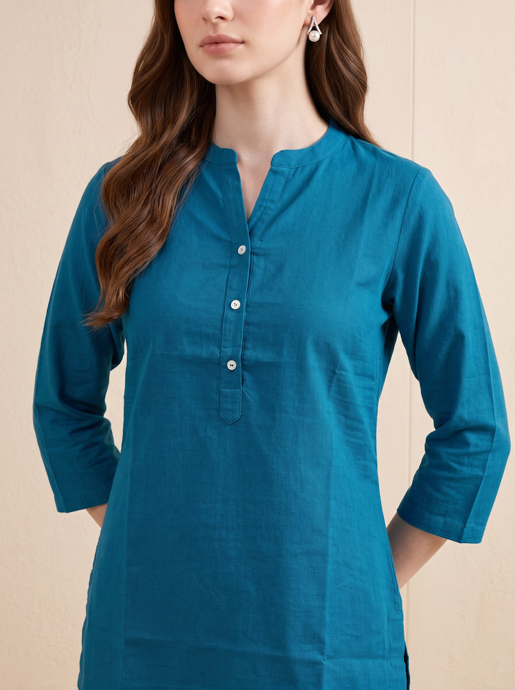 Teal Solid Pure Cotton Tunic