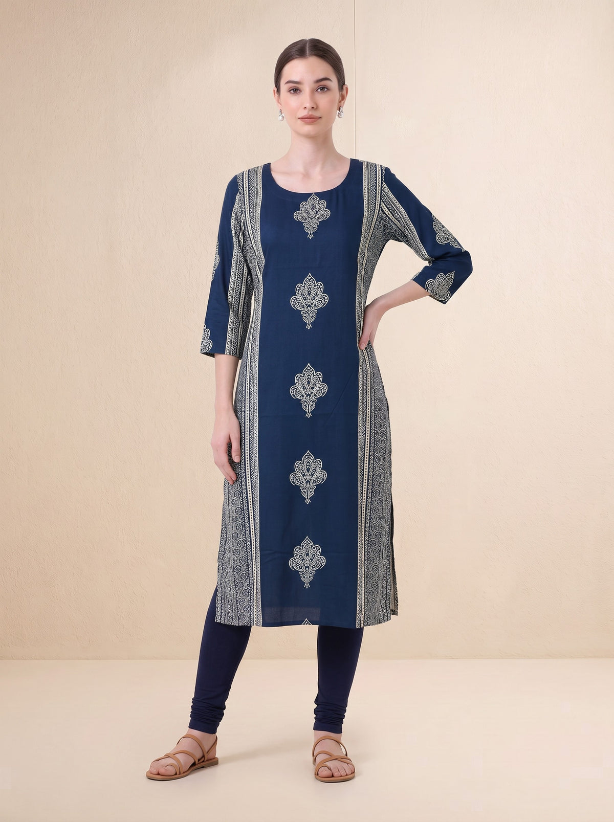 Navy Blue Traditional Floral Block Print Kurta