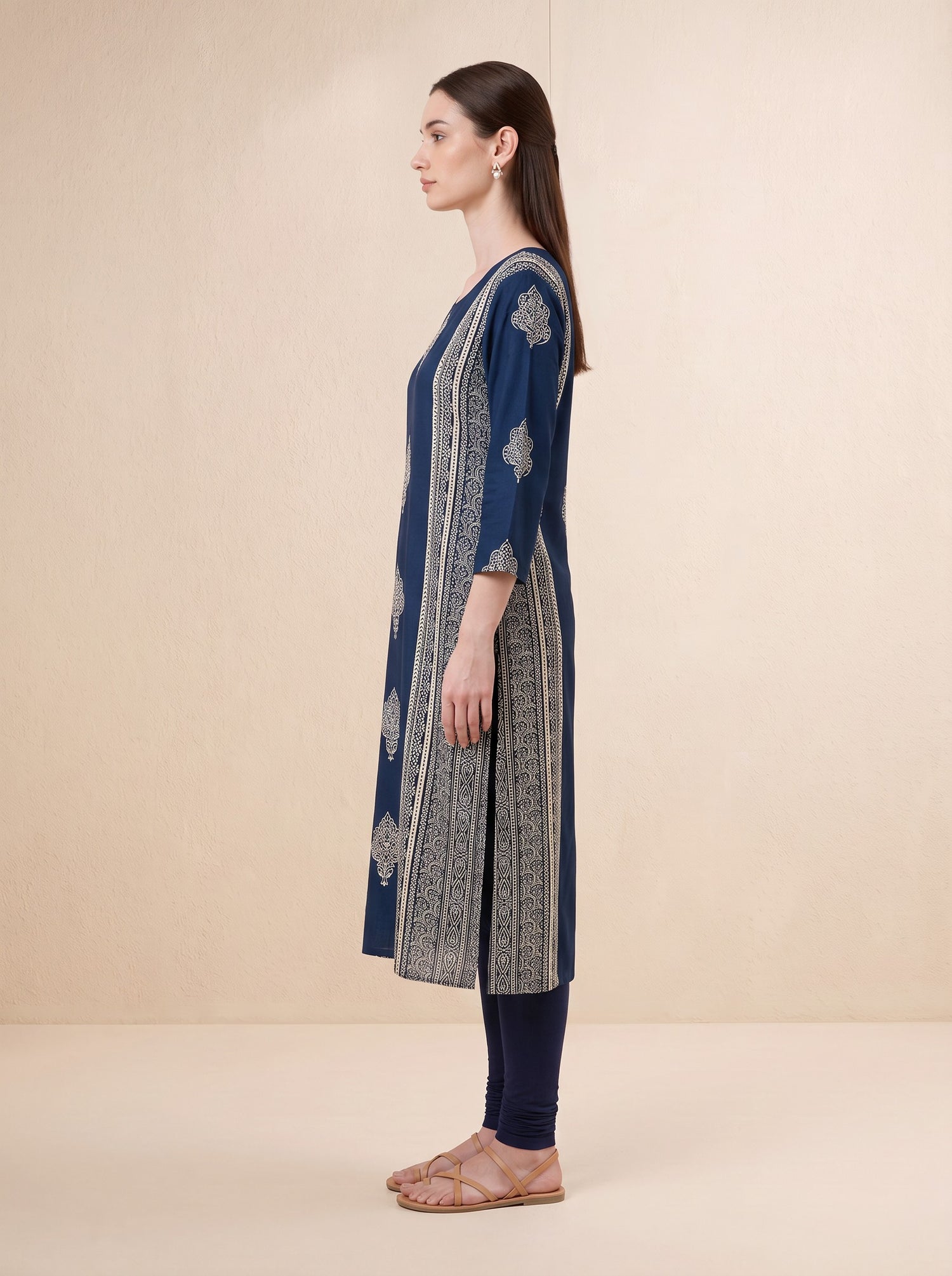 Navy Blue Traditional Floral Block Print Kurta