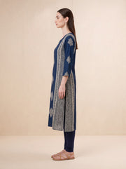 Navy Blue Traditional Floral Block Print Kurta