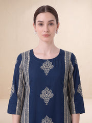 Navy Blue Traditional Floral Block Print Kurta