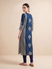 Navy Blue Traditional Floral Block Print Kurta