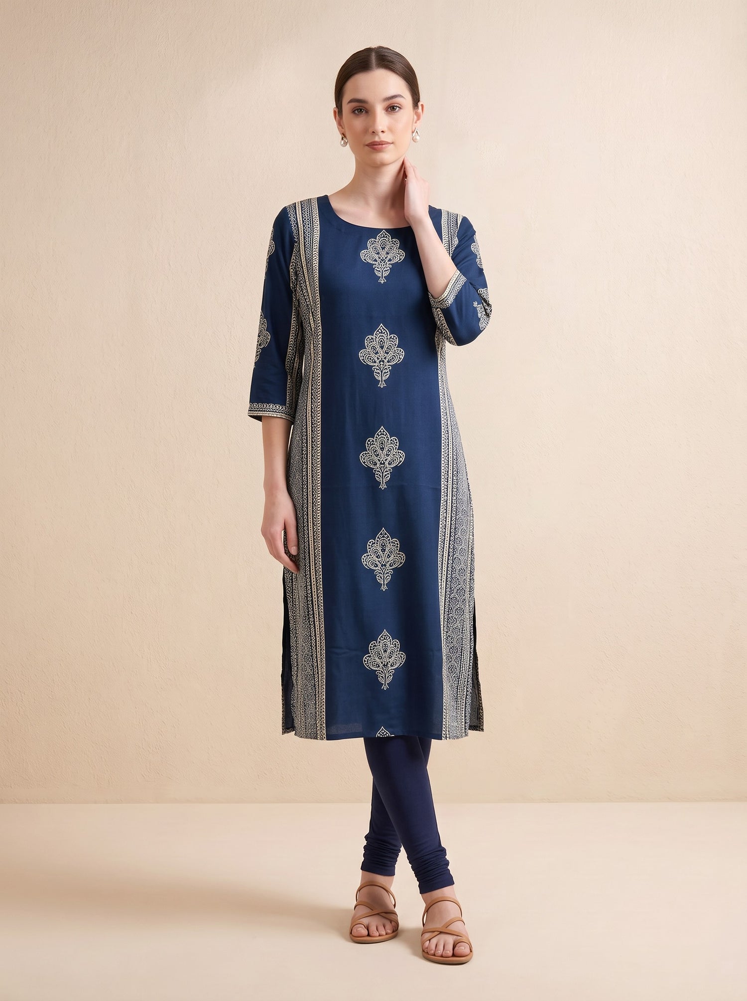 Navy Blue Traditional Floral Block Print Kurta