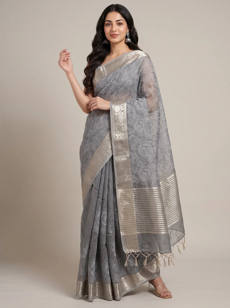 Golden Grey Linen Full Flower Embroidered Saree
