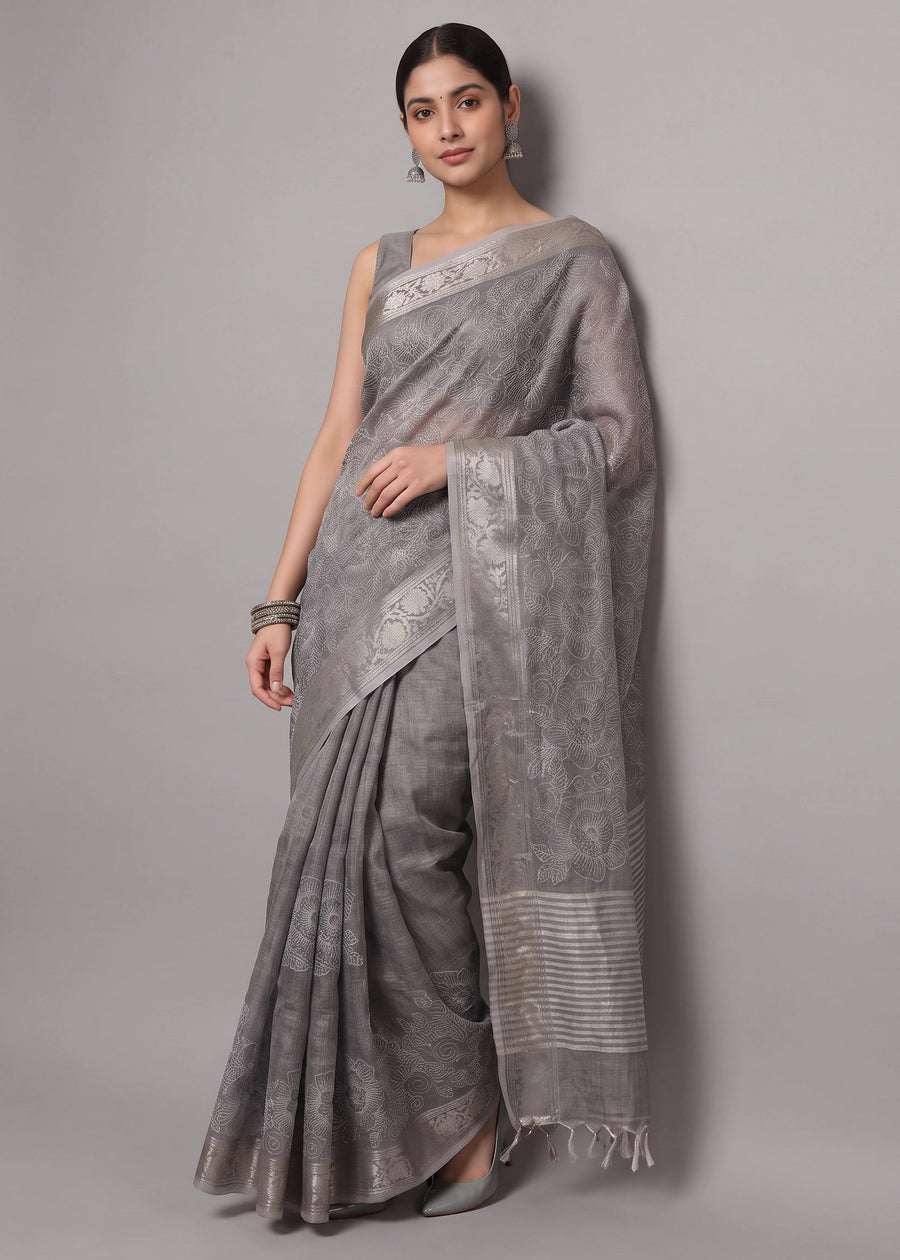 Golden Grey Linen Full Flower Embroidered Saree