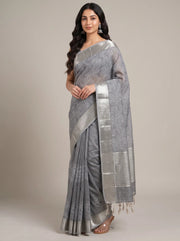 Golden Grey Linen Full Flower Embroidered Saree