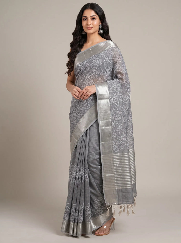 Golden Grey Linen Full Flower Embroidered Saree