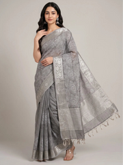Golden Grey Linen Full Flower Embroidered Saree