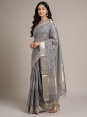 Golden Grey Linen Full Flower Embroidered Saree