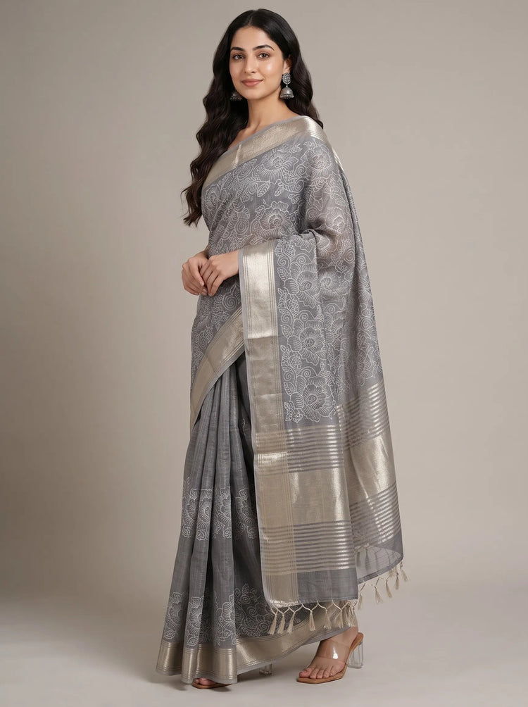 Golden Grey Linen Full Flower Embroidered Saree