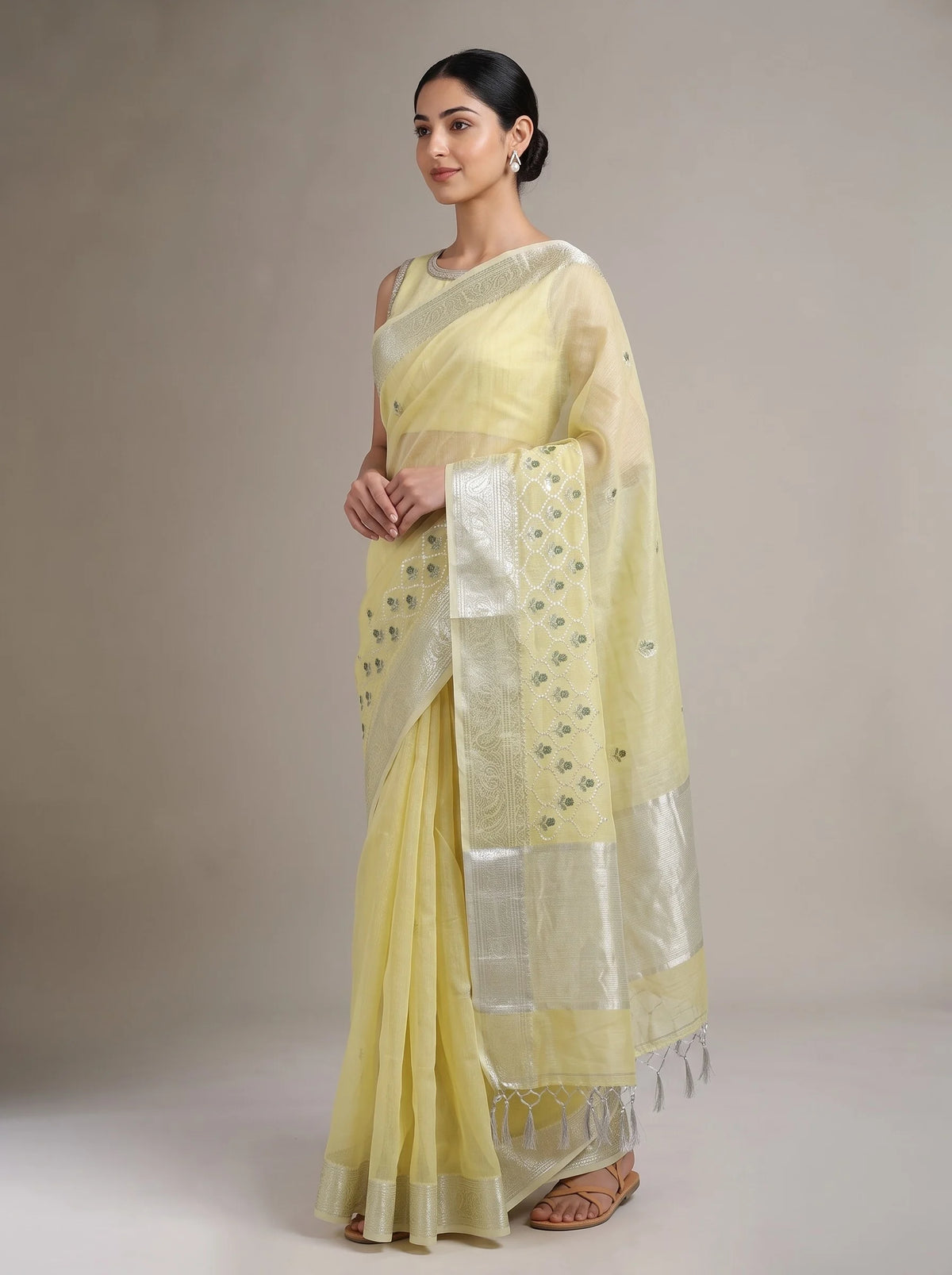 Light Yellow Linen Woven Saree