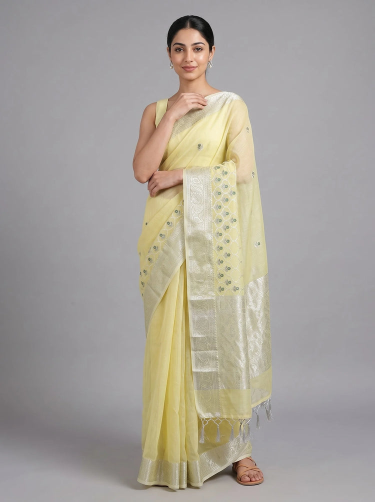Light Yellow Linen Woven Saree